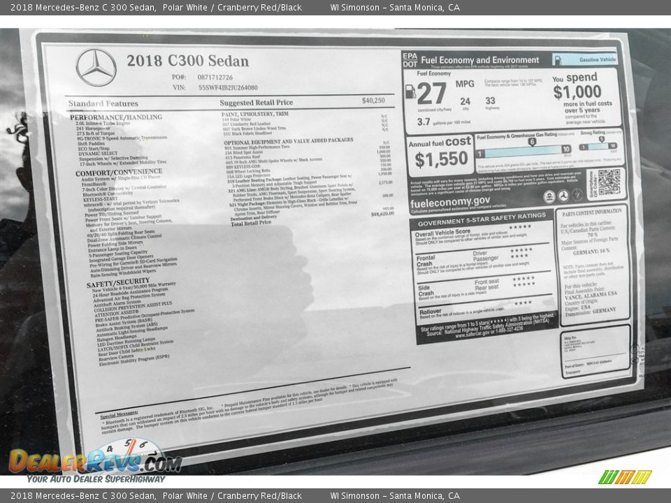 2018 Mercedes-Benz C 300 Sedan Polar White / Cranberry Red/Black Photo #1