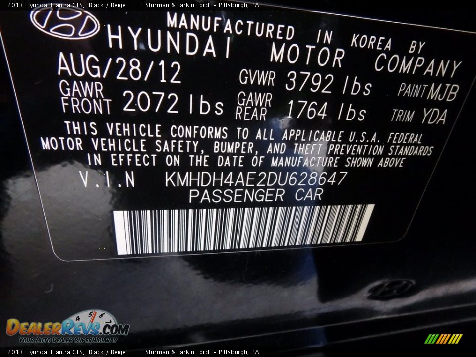 2013 Hyundai Elantra GLS Black / Beige Photo #11