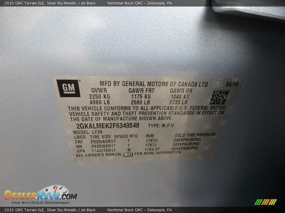 2015 GMC Terrain SLE Silver Sky Metallic / Jet Black Photo #21