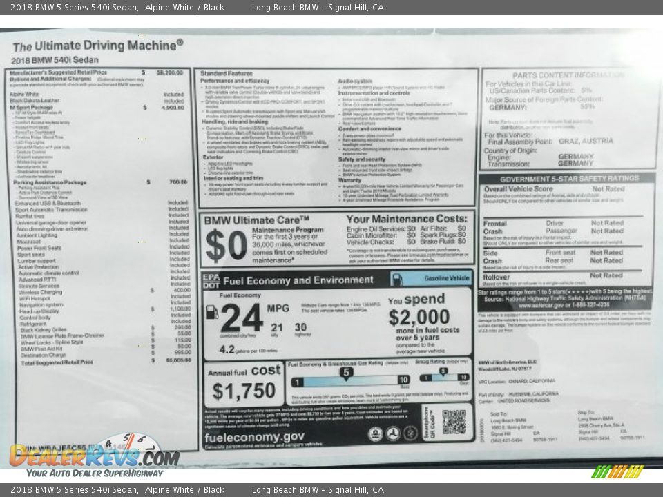 2018 BMW 5 Series 540i Sedan Alpine White / Black Photo #10