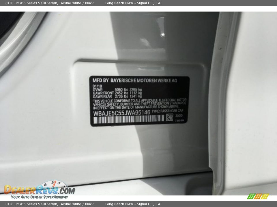 2018 BMW 5 Series 540i Sedan Alpine White / Black Photo #11