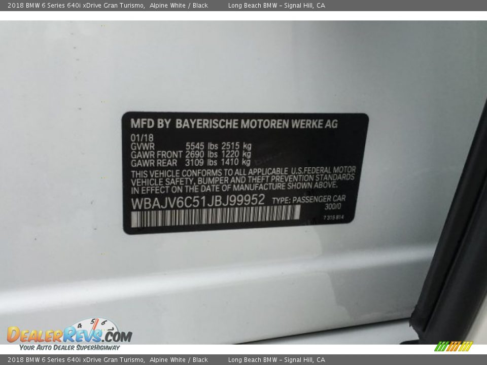 2018 BMW 6 Series 640i xDrive Gran Turismo Alpine White / Black Photo #11