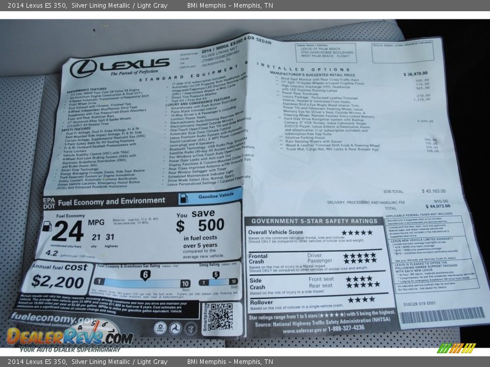 2014 Lexus ES 350 Silver Lining Metallic / Light Gray Photo #35