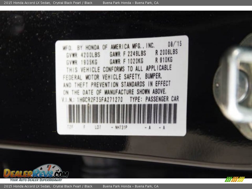 2015 Honda Accord LX Sedan Crystal Black Pearl / Black Photo #34