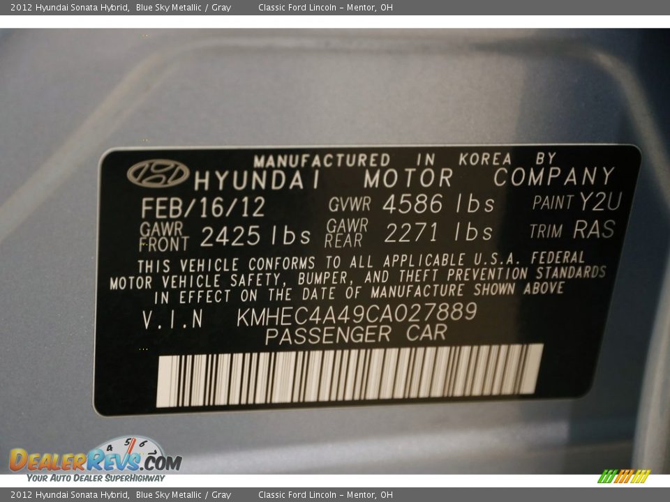 2012 Hyundai Sonata Hybrid Blue Sky Metallic / Gray Photo #26