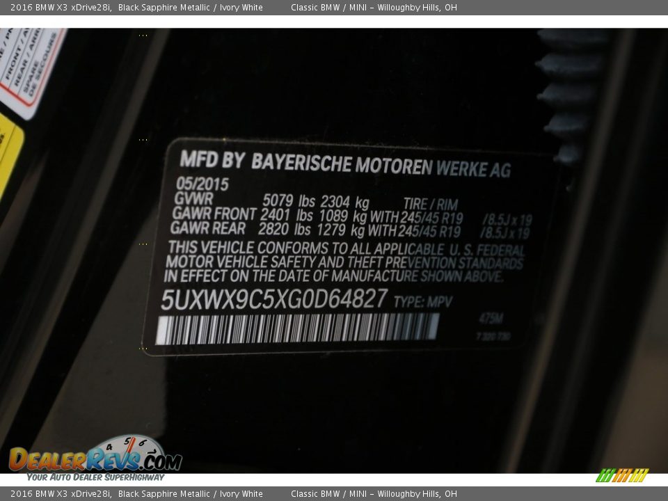 2016 BMW X3 xDrive28i Black Sapphire Metallic / Ivory White Photo #22