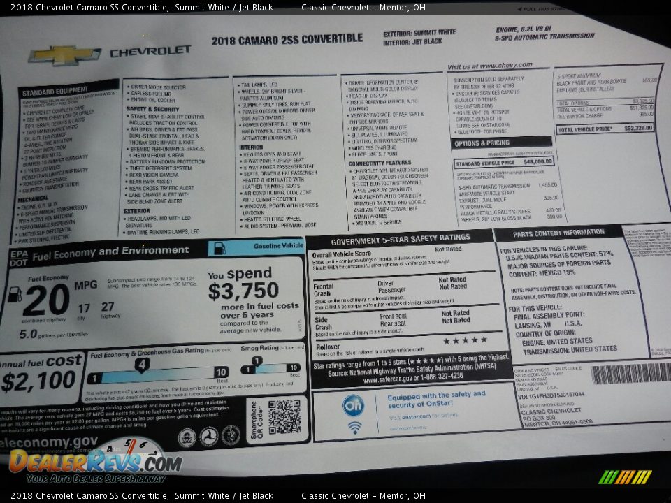 2018 Chevrolet Camaro SS Convertible Window Sticker Photo #4