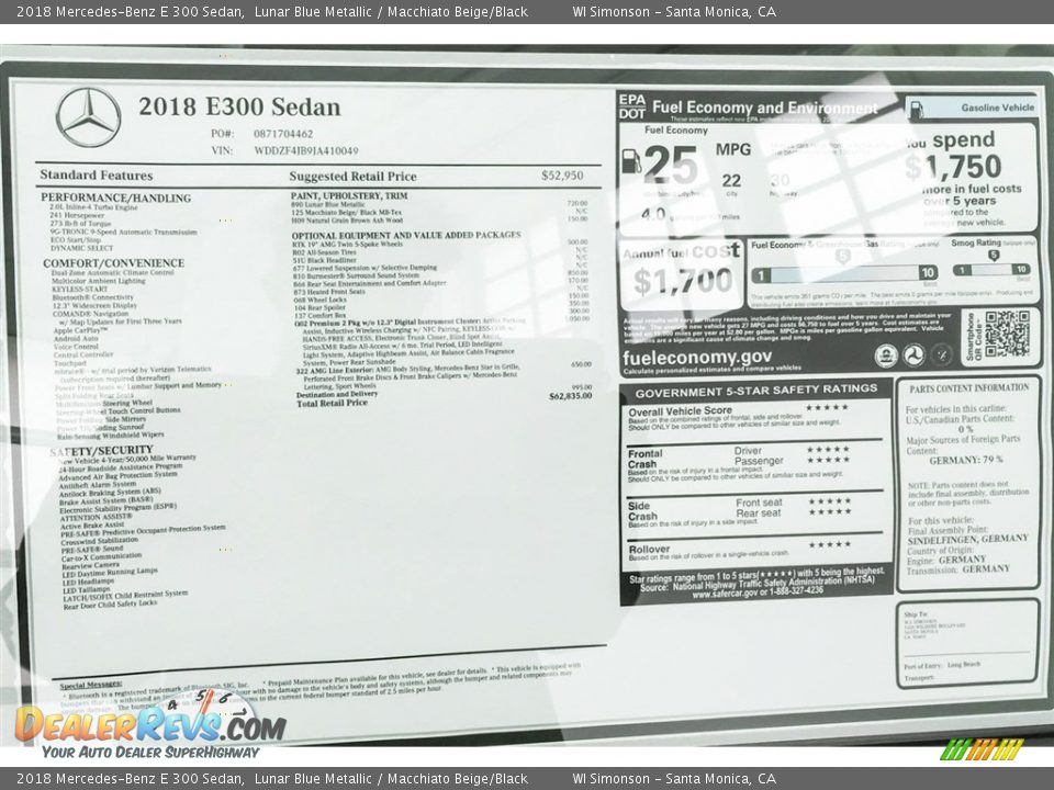 2018 Mercedes-Benz E 300 Sedan Lunar Blue Metallic / Macchiato Beige/Black Photo #10