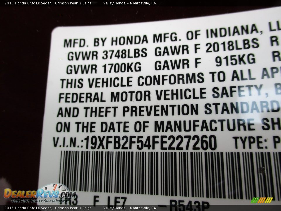 2015 Honda Civic LX Sedan Crimson Pearl / Beige Photo #19
