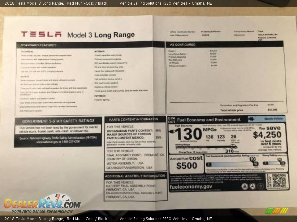 2018 Tesla Model 3 Long Range Window Sticker Photo #5