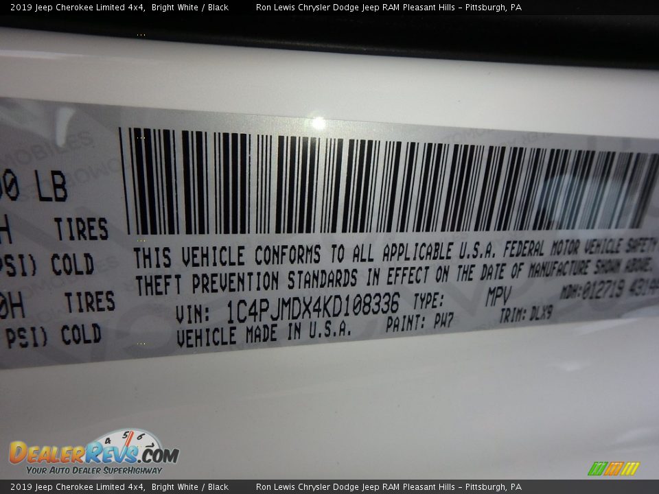 2019 Jeep Cherokee Limited 4x4 Bright White / Black Photo #14