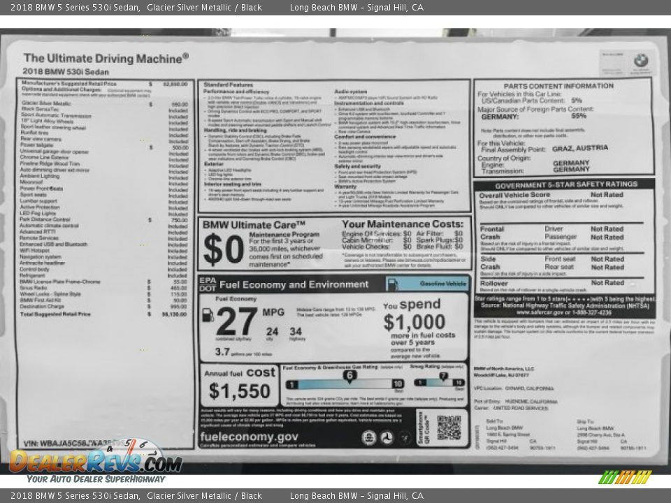 2018 BMW 5 Series 530i Sedan Glacier Silver Metallic / Black Photo #10