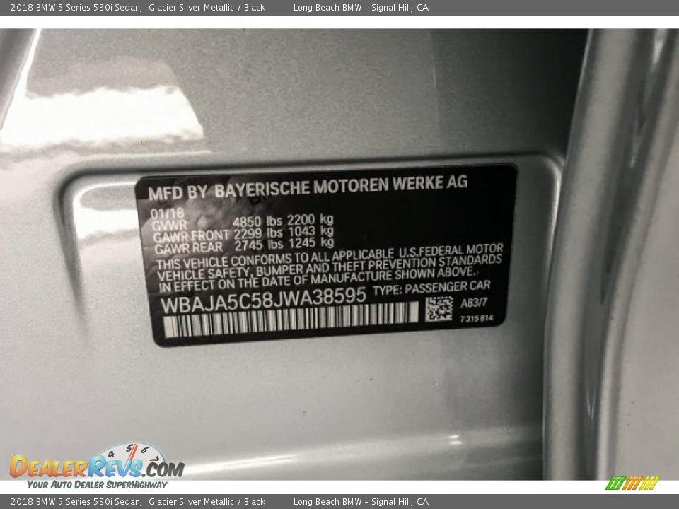 2018 BMW 5 Series 530i Sedan Glacier Silver Metallic / Black Photo #11