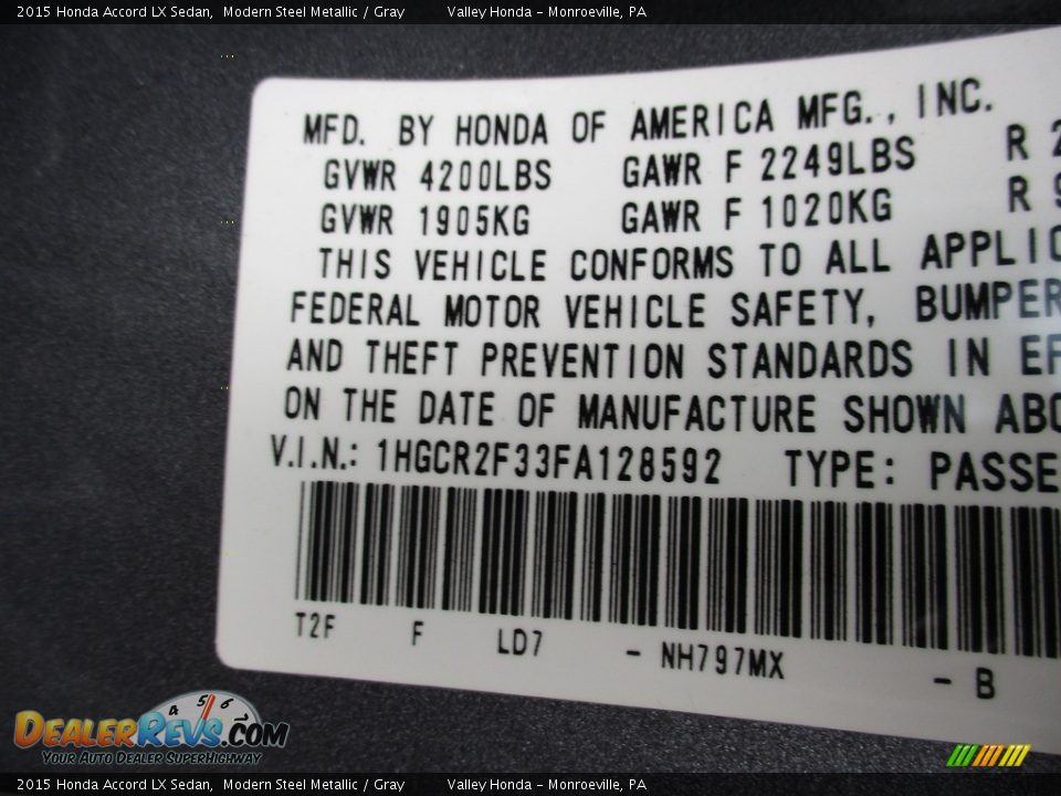 2015 Honda Accord LX Sedan Modern Steel Metallic / Gray Photo #19