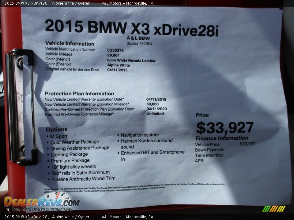 2015 BMW X3 xDrive28i Alpine White / Oyster Photo #14