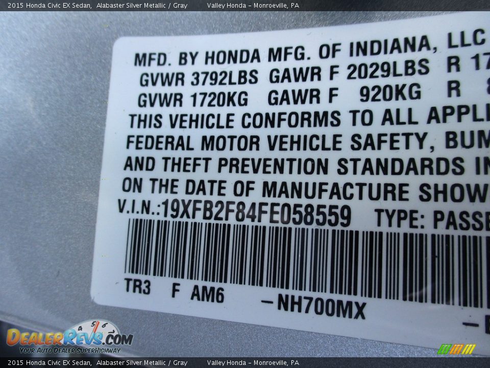 2015 Honda Civic EX Sedan Alabaster Silver Metallic / Gray Photo #19