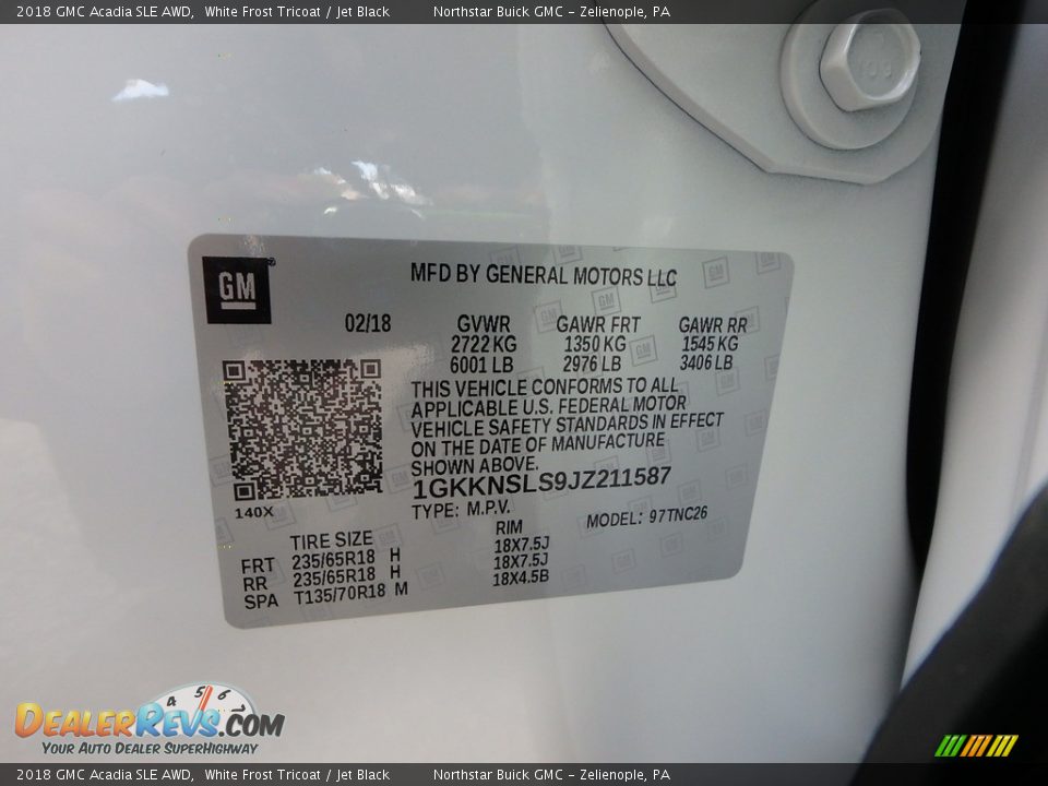 2018 GMC Acadia SLE AWD White Frost Tricoat / Jet Black Photo #16