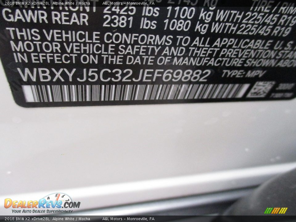 2018 BMW X2 xDrive28i Alpine White / Mocha Photo #19