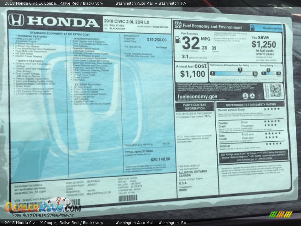 2018 Honda Civic LX Coupe Rallye Red / Black/Ivory Photo #25