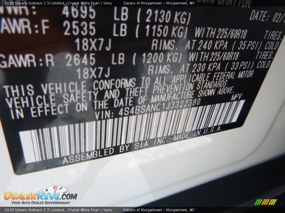 2018 Subaru Outback 2.5i Limited Crystal White Pearl / Ivory Photo #12