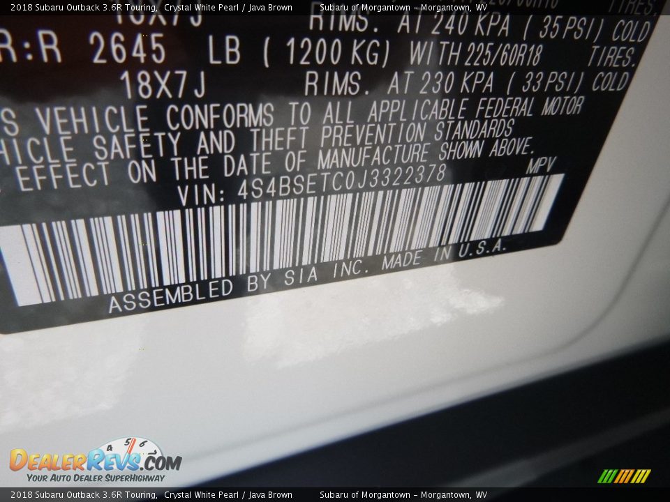 2018 Subaru Outback 3.6R Touring Crystal White Pearl / Java Brown Photo #16