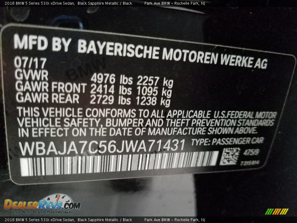 2018 BMW 5 Series 530i xDrive Sedan Black Sapphire Metallic / Black Photo #28