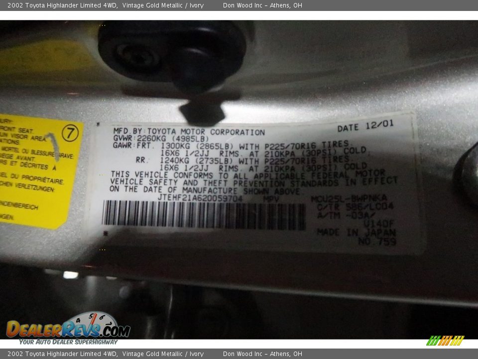 2002 Toyota Highlander Limited 4WD Vintage Gold Metallic / Ivory Photo #33