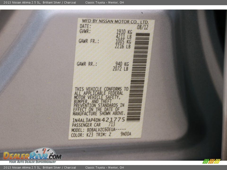 2013 Nissan Altima 2.5 SL Brilliant Silver / Charcoal Photo #18