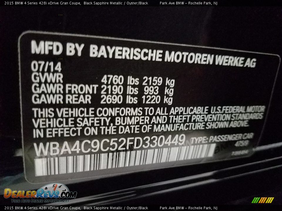 2015 BMW 4 Series 428i xDrive Gran Coupe Black Sapphire Metallic / Oyster/Black Photo #28