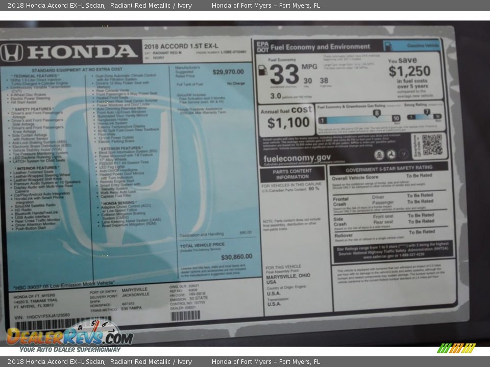 2018 Honda Accord EX-L Sedan Radiant Red Metallic / Ivory Photo #35