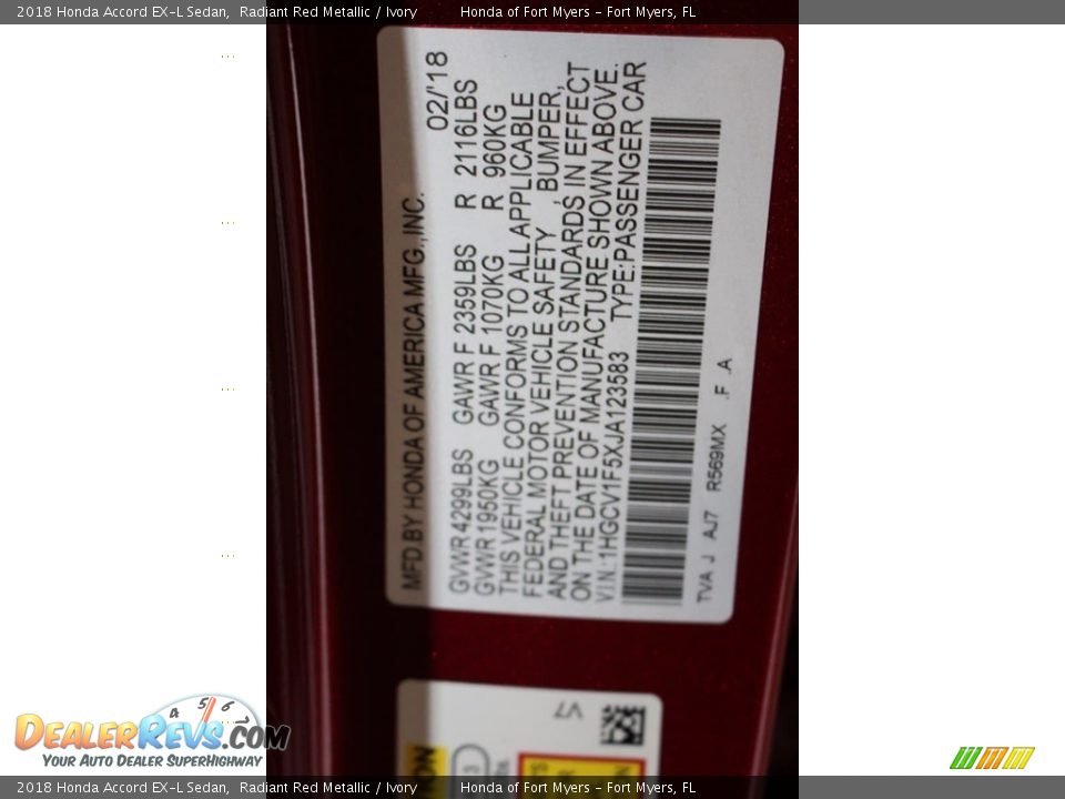 2018 Honda Accord EX-L Sedan Radiant Red Metallic / Ivory Photo #36