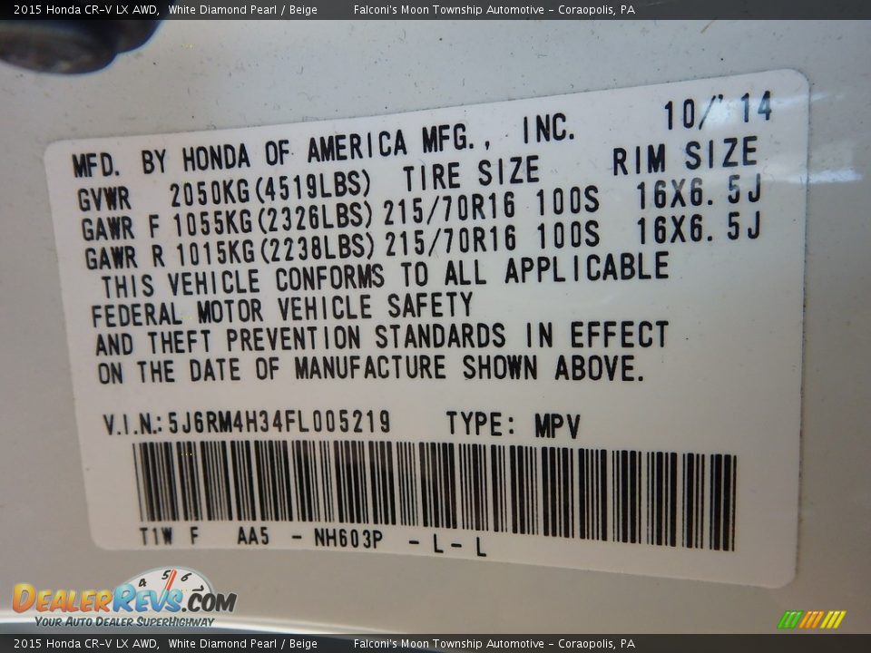2015 Honda CR-V LX AWD White Diamond Pearl / Beige Photo #23