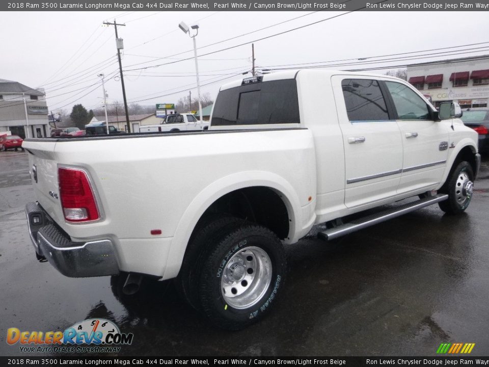 2018 Ram 3500 Laramie Longhorn Mega Cab 4x4 Dual Rear Wheel Pearl White / Canyon Brown/Light Frost Beige Photo #5