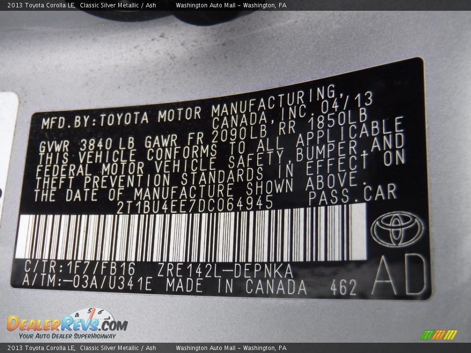 2013 Toyota Corolla LE Classic Silver Metallic / Ash Photo #19