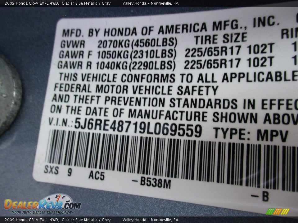 2009 Honda CR-V EX-L 4WD Glacier Blue Metallic / Gray Photo #19
