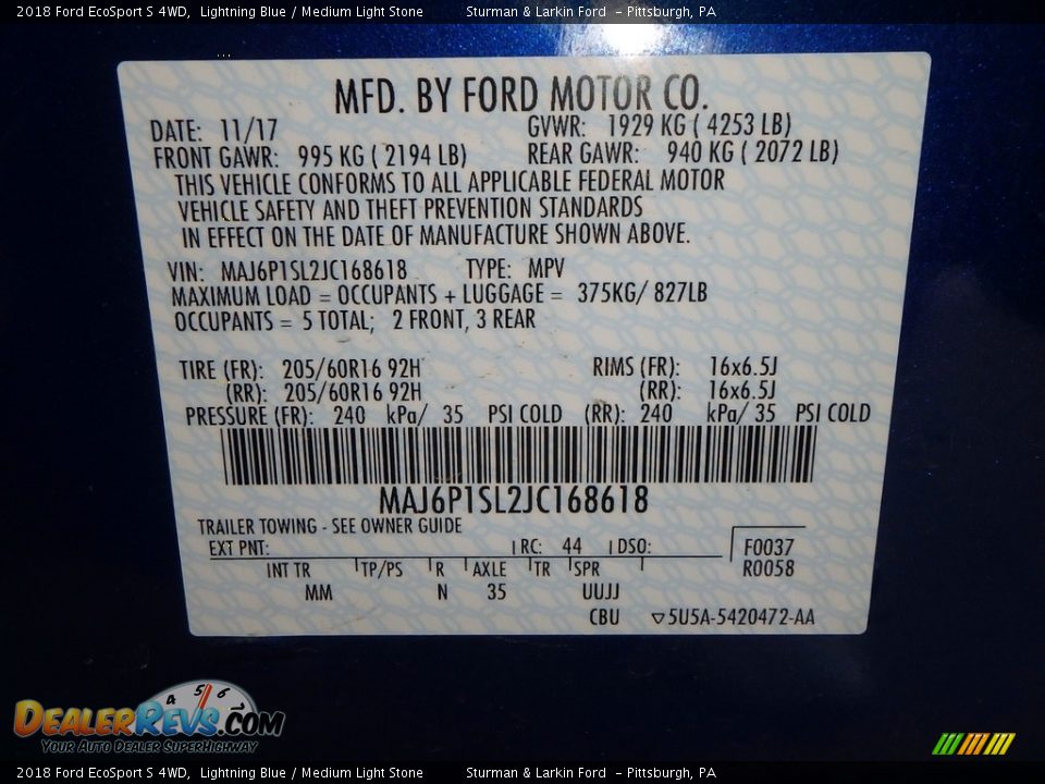 2018 Ford EcoSport S 4WD Lightning Blue / Medium Light Stone Photo #10