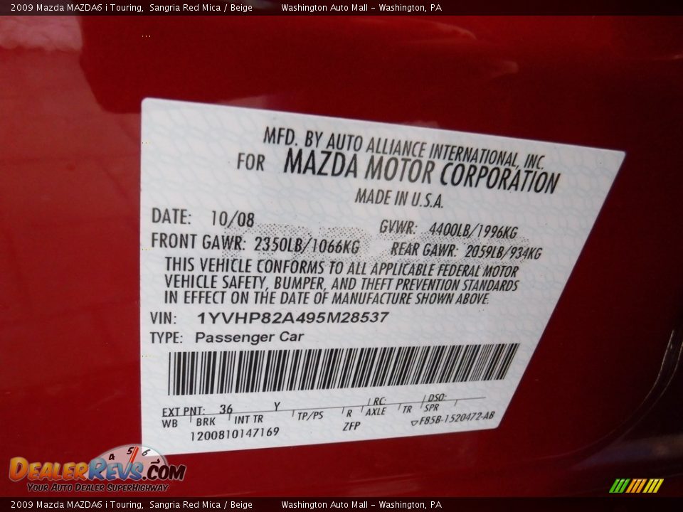 2009 Mazda MAZDA6 i Touring Sangria Red Mica / Beige Photo #26