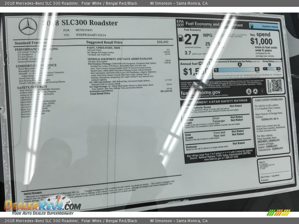 2018 Mercedes-Benz SLC 300 Roadster Polar White / Bengal Red/Black Photo #10