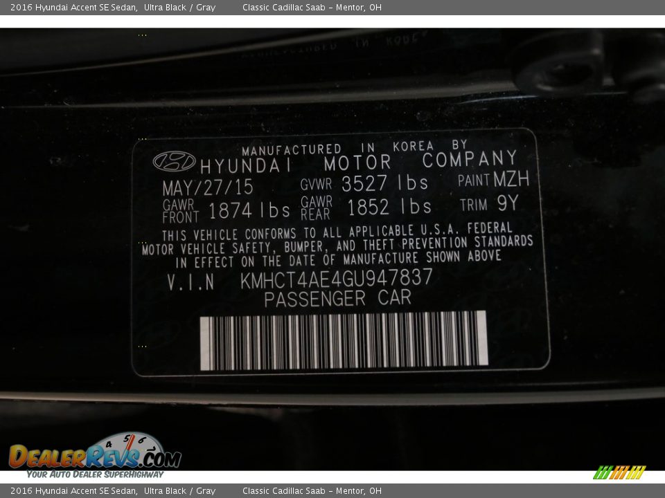 2016 Hyundai Accent SE Sedan Ultra Black / Gray Photo #20