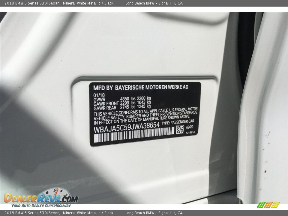 2018 BMW 5 Series 530i Sedan Mineral White Metallic / Black Photo #11