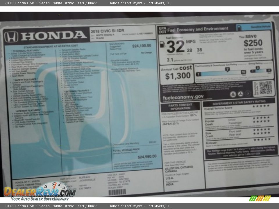 2018 Honda Civic Si Sedan White Orchid Pearl / Black Photo #35