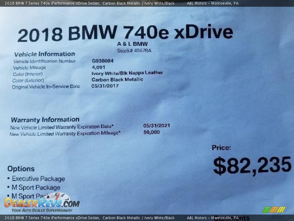 Info Tag of 2018 BMW 7 Series 740e iPerformance xDrive Sedan Photo #16