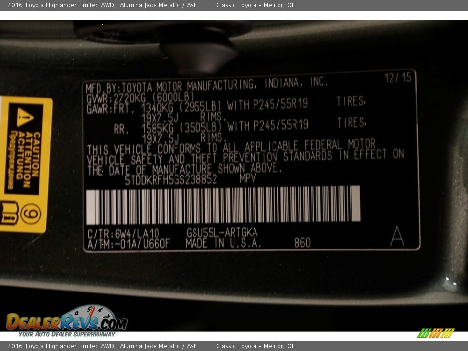 2016 Toyota Highlander Limited AWD Alumina Jade Metallic / Ash Photo #30