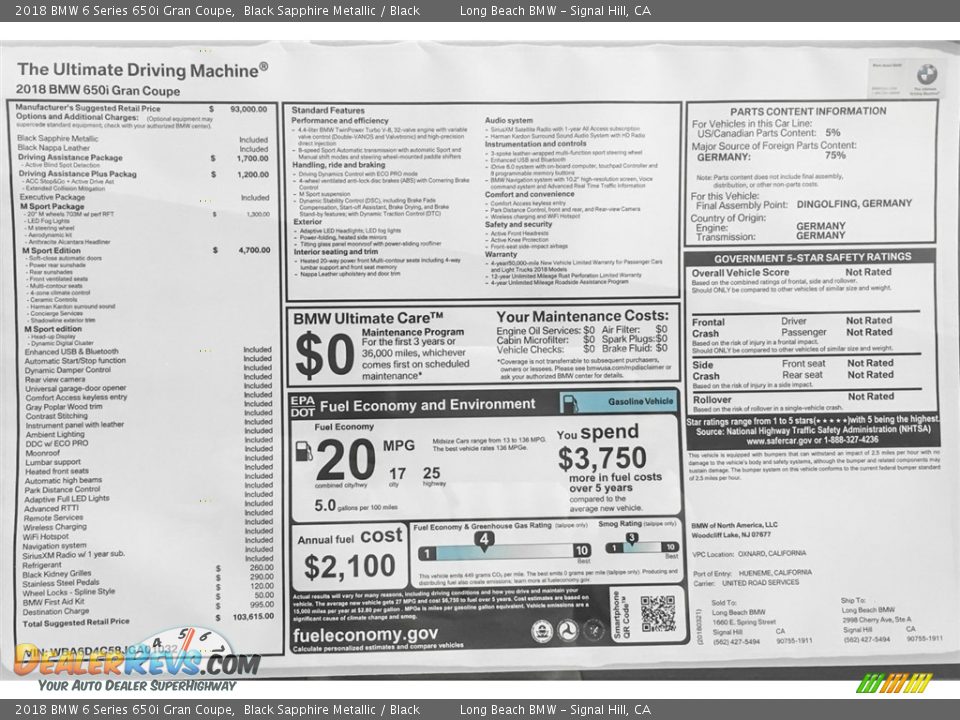 2018 BMW 6 Series 650i Gran Coupe Window Sticker Photo #10