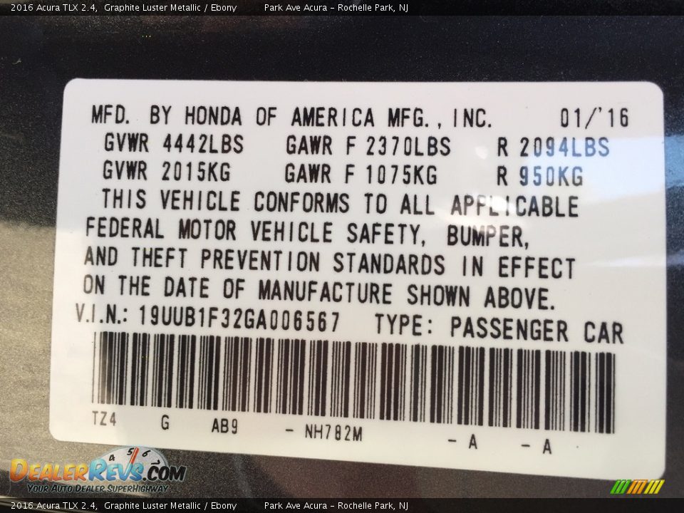 2016 Acura TLX 2.4 Graphite Luster Metallic / Ebony Photo #32