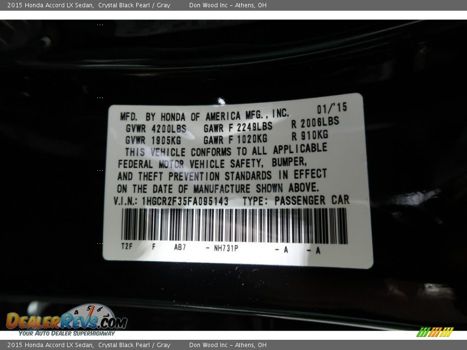 2015 Honda Accord LX Sedan Crystal Black Pearl / Gray Photo #36