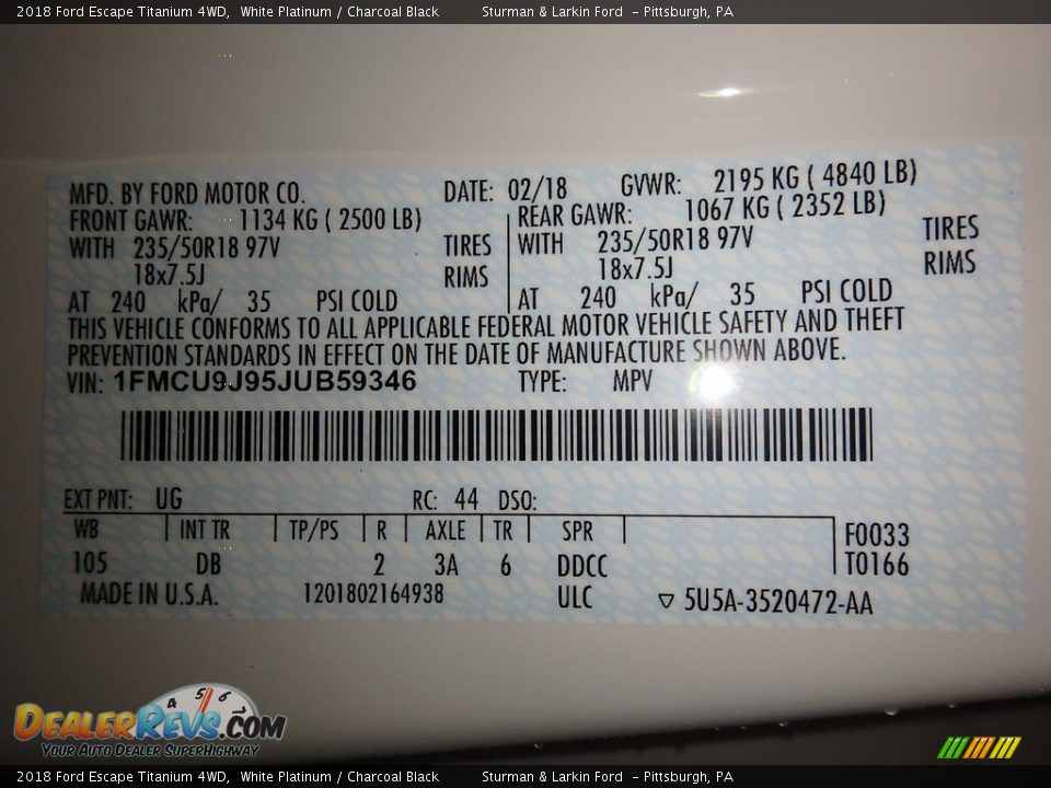 2018 Ford Escape Titanium 4WD White Platinum / Charcoal Black Photo #10