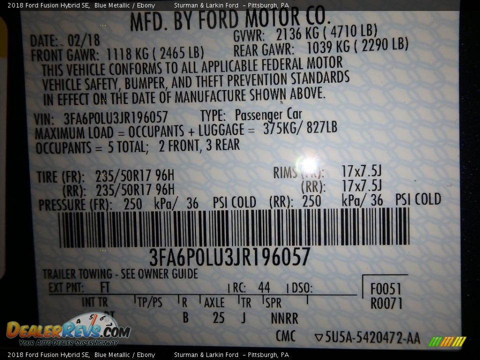 2018 Ford Fusion Hybrid SE Blue Metallic / Ebony Photo #10