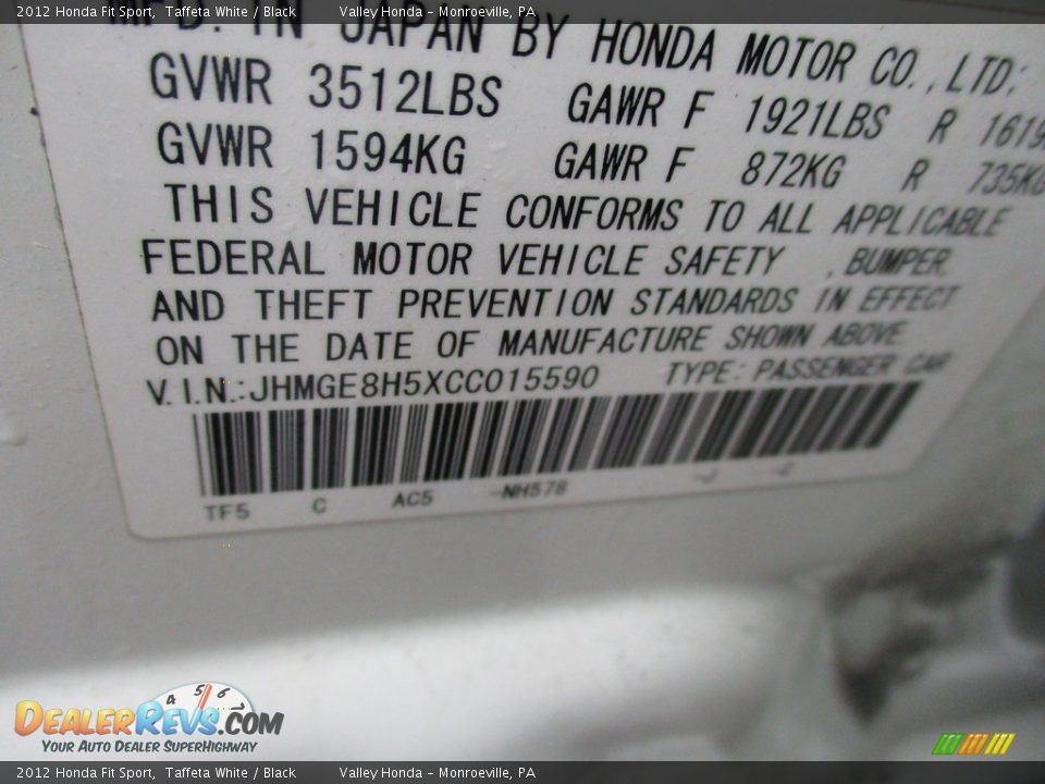 2012 Honda Fit Sport Taffeta White / Black Photo #19