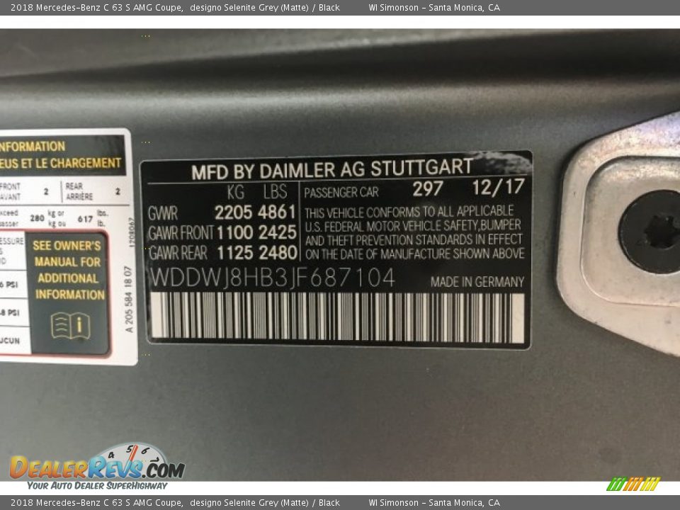 2018 Mercedes-Benz C 63 S AMG Coupe designo Selenite Grey (Matte) / Black Photo #23